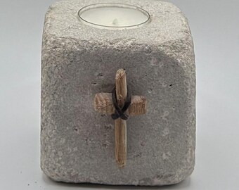 Christian Gift Women | Indiana Limestone Base, Leather Bound HeirloomHand Carved Limestone Cross Candle Holder | Iowa Made Prayer Decor