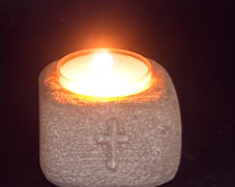 Hand Carved Limestone Cross Tea Light Holder | Indiana Stone Faith Decor