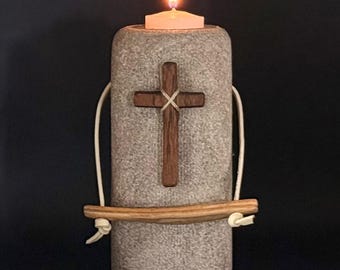 Hand Carved Indiana Limestone Cross Sculpture, Walnut, Leather, Faith Art