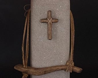 Hand Carved Indiana Limestone Cross Sculpture, Rustic Wood Detail, Christian Mantel Decor