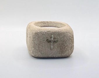Small Stone Cross Tea Light Holder, Hand-Carved Limestone Votive, Christian Faith Gift, Rustic Prayer Decor, Mini Candle Holder, Faith Gift