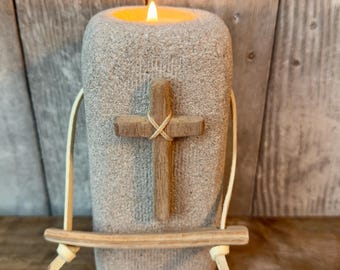 Hand Carved Limestone Pillar Cross Sculpture | Wood & Leather, Sympathy Gift, Christian Decor
