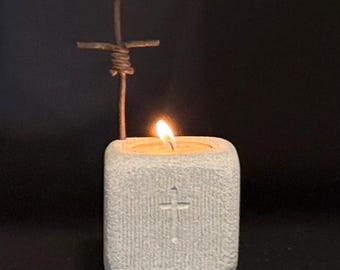 Iron Cross Tea Light Holder | Hand-Carved Rustic Religious Decor, Faith Gift