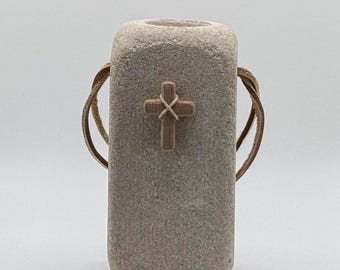Hand-Carved Limestone Cross Sculpture, Christian Wedding Engagement Anniversary Gift