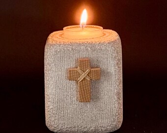 Cross Candle Holder | Hand-Carved Stone, Hickory Wood Rustic Decor