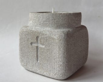 Heirloom Indiana Limestone Cross Candle Holder | Hand-Carved, Faith Altar, Christian Gift Iowa