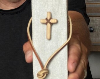 Natural Stone|Hand Carved Indiana Limestone Cross Sculpture, Wood Cross, Leather Cord, Religious Decor