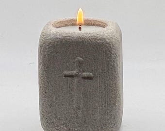 Stone Cross Tea Light Holder, Hand-Carved Limestone Candle Holder, Christian Faith Decor, Rustic Prayer Gift, Indiana Stone, Religious Gift