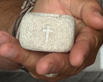 Hand Carved Limestone Cross Candle Holder | Iowa Made Prayer DecorHand Carved Limestone Cross Candle Holder | Iowa Made Prayer Decor