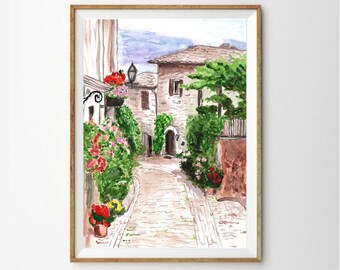 Italian landscape, Italy, Watercolor art, Instant download