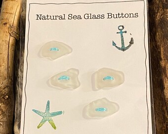 Natural Sea Glass Buttons - 4 Clear Glass/White Double-Drilled Buttons