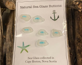 Natural Sea Glass Buttons - 6 Clear Glass/White Double-Drilled Buttons