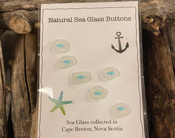 Natural Sea Glass Buttons - 6 Clear Glass/White Double-Drilled Buttons