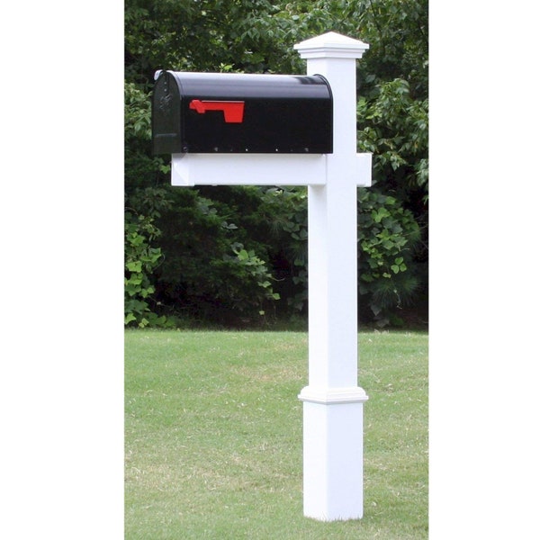 Black Mailbox with White Vinyl Post, Decorative Base, and New England Style Cap