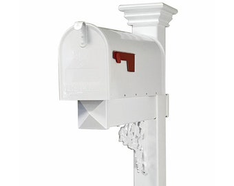 White Mailbox with White Vinyl Post, White Rose Bracket, and Federation Style Cap