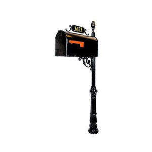 May include: Black mailbox with a black metal post and a gold number plaque that reads "3673".