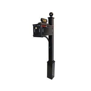 May include: Black mailbox with a gold number plate reading "7459" mounted on a black metal post with a black finial.