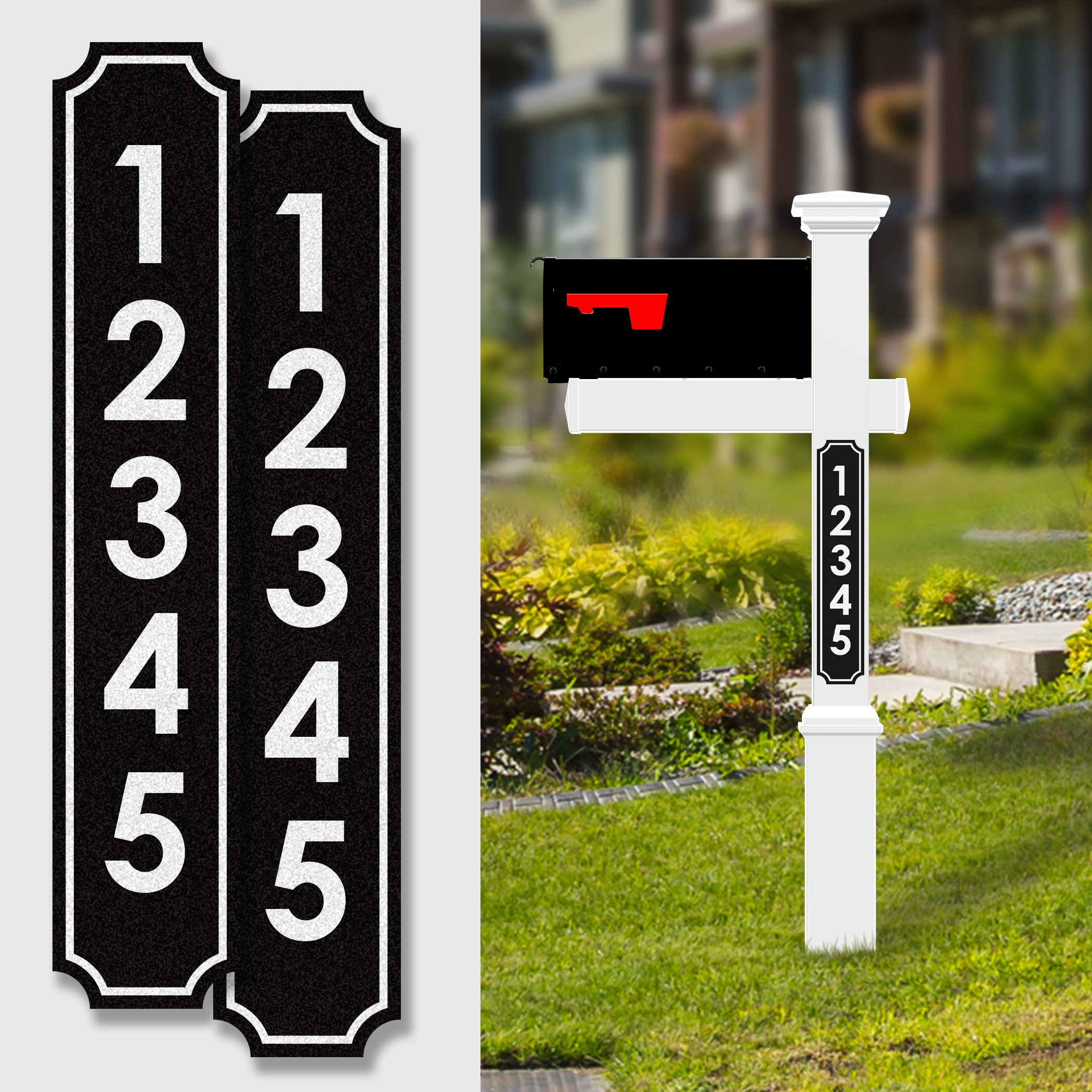 Reflective house address signs for mailboxes and street addresses. Large, easy to read number plates.
