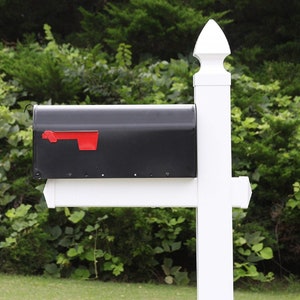 Mailbox with White Vinyl Post, Decorative Base, and Gothic Style Cap