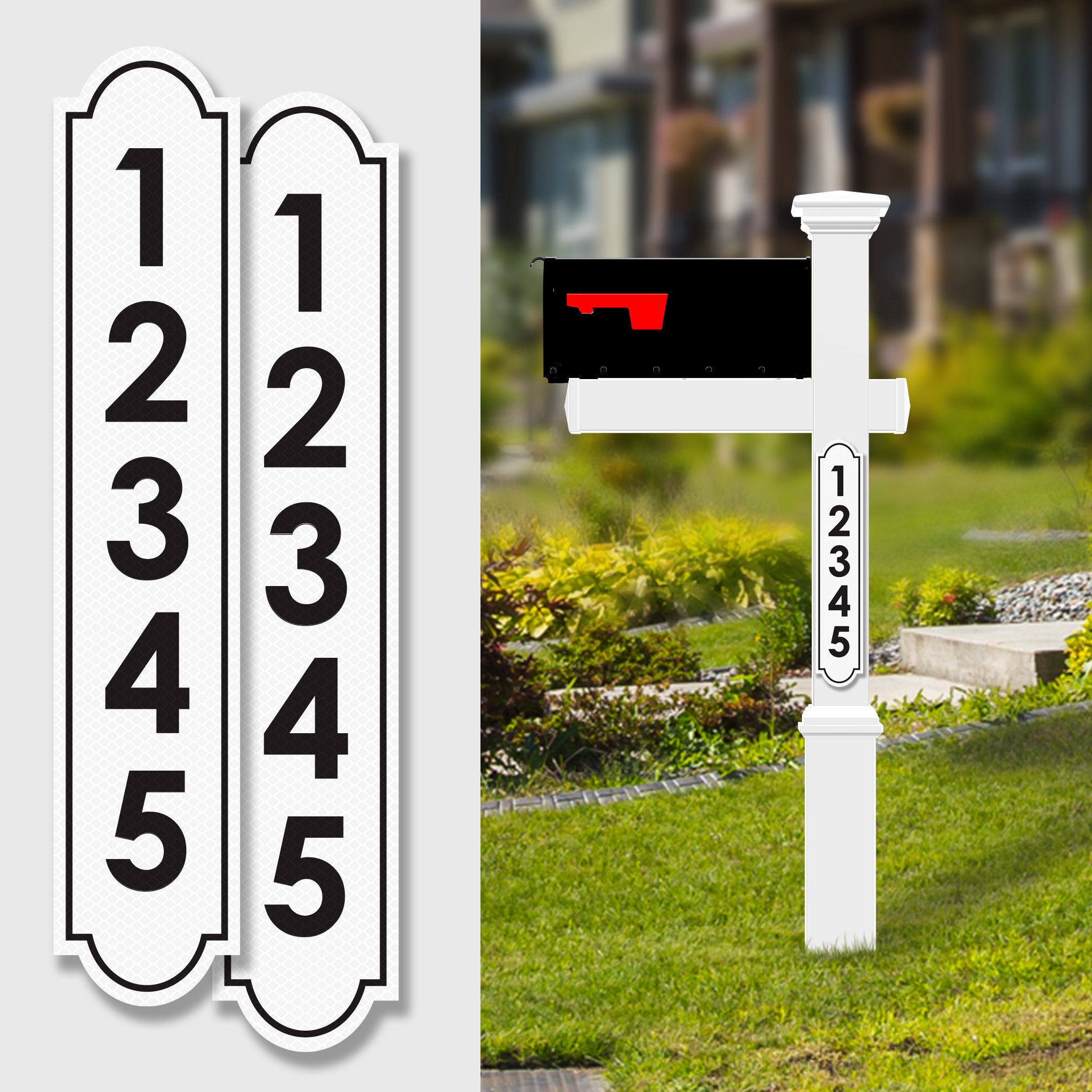 Reflective house address signs for mailboxes and street addresses. Large, easy to read number plates.