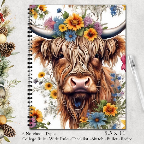 Highland Cow and Wild Flowers 8.5" x 11" Softcover Notebook | Spiral Notebook, Highland Cow Journal, Blank Recipe Book, Check List Notebook