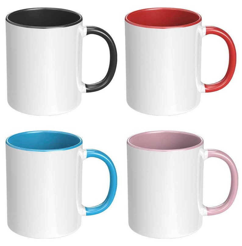 May include: Four white ceramic mugs with colored interiors and handles. The mugs have black, red, blue, and pink accents. The mugs are designed for hot or cold beverages.