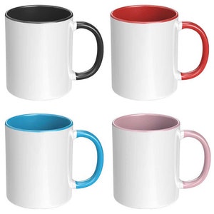 May include: Four ceramic mugs with different colored rims and handles. The mugs are white with a black, red, blue, and pink rim. The handles are the same color as the rim.
