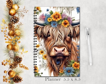 Highland Cow Planner | 5.5" x 8.5" Softcover Planner | Wild Flowers and Highland Cow Date Planner | Weekly Planner