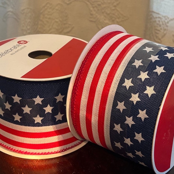 Patriotic Ribbon Wired 2.5” inch wide 25 ft feet 8 yards 8.3 yd Brand New for Craft Art Bows Wreaths Red White & Blue Flag Stars and Stripes