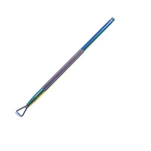 May include: A multi-colored metal cuticle pusher tool. The tool has a textured handle and a triangular loop on one end. The other end is rounded. The tool is iridescent, with colors shifting from blue to green.