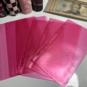 May include: Several translucent pink binder pockets are fanned out on a white surface. The pockets have reinforced edges with holes for binding. In the background, there are several small accessories and a clear pouch with US currency.