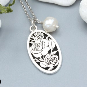 Roses and Freshwater Pearl Pendant - Rose Necklace - Flower Necklace