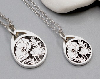 August Birth Flower Necklace - Poppy Flower Pendant - Sterling Silver Flower Necklace