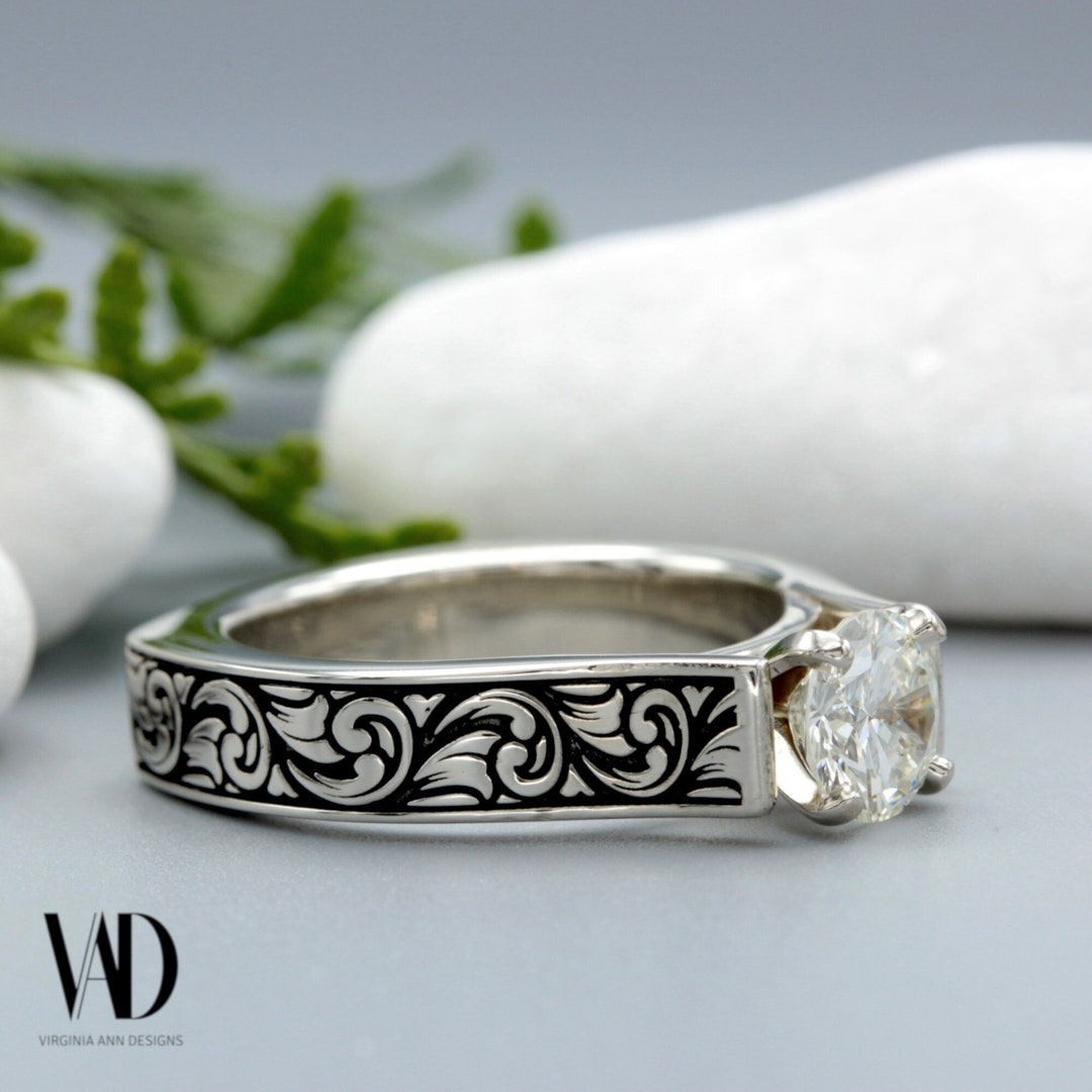 Western Engraving Engagement Ring 14K Gold Engagement Ring