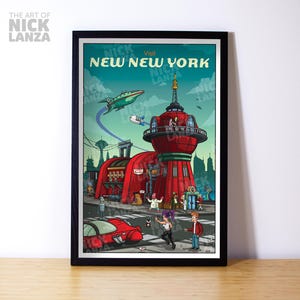 Nueva Nueva York (Futurama): póster de viaje, Planet Express, obra nostálgica, ilustración vintage, nostalgia de los dibujos animados de los 90, regalo para amantes de los dibujos animados