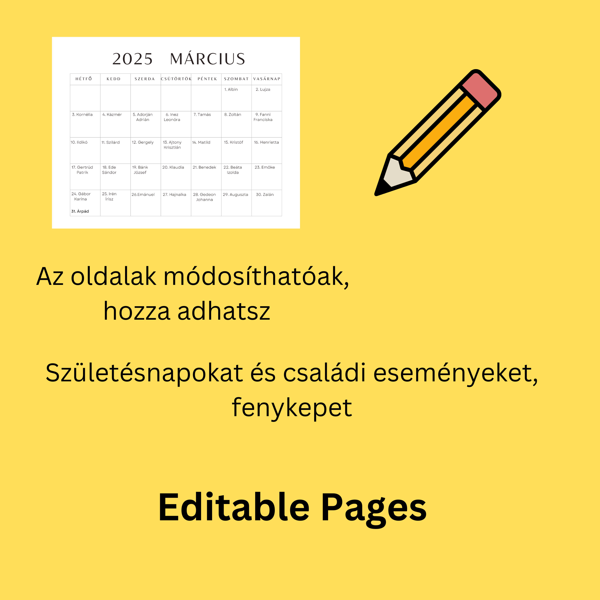 Editable 2025 Hungarian Calendar With Name Days / Monthly Desk Calendar
