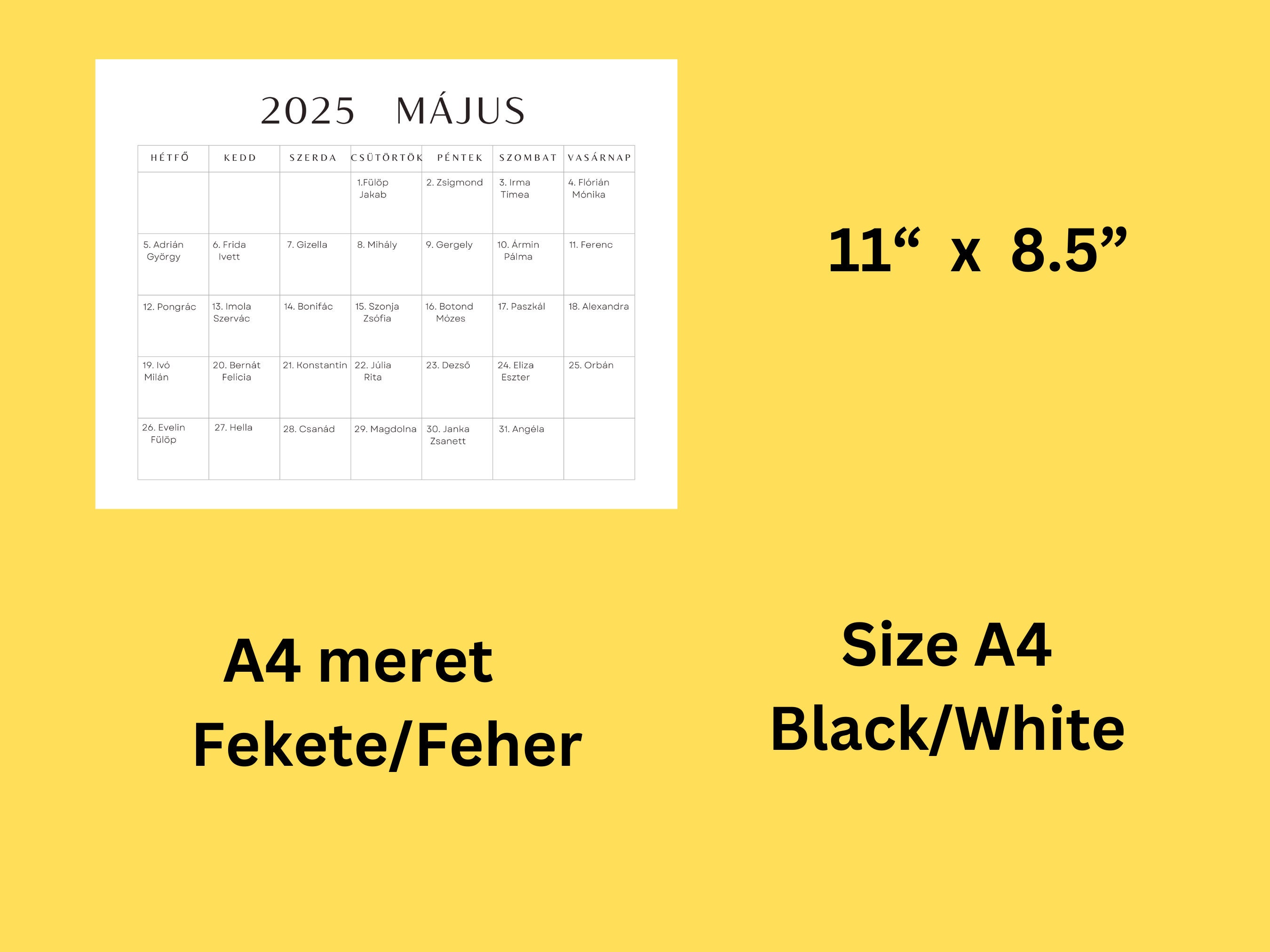 Editable 2025 Hungarian Calendar With Name Days / Monthly Desk Calendar