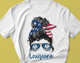 Louisiana girl Messy bun , American Girl , Louisiana Flag - Louisiana Girl  - T-Shirt