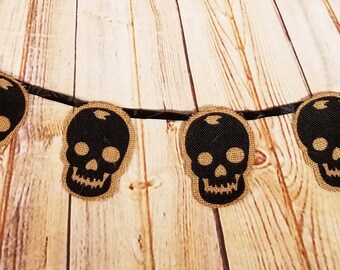 3' Halloween Glitter Skull Burlap Banner, Skeleton Burlap Banner for Halloween, Black Glitter Skull Halloween or Pirate Decor