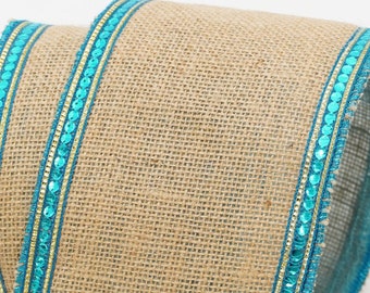 Burlap Wired Ribbon with Turquoise Sequin Edges, Wired Turquoise Burlap Ribbon for Wreaths and Bows 4" x 10 YARD ROLL