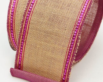 Wired Burlap Ribbon with Pink Sequin Edge, Pink Wired Ribbon for Valentine Wreaths and Crafts, Pink Designer Ribbon 4" x 10 YARD ROLL