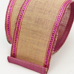 Wired Burlap Ribbon with Pink Sequin Edge, Pink Wired Ribbon for Valentine Wreaths and Crafts, Pink Designer Ribbon 4 x 10 YARD ROLL image 1