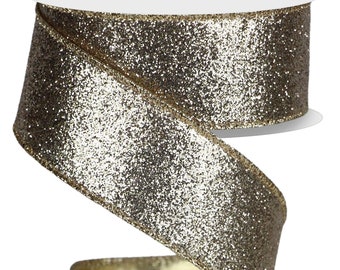 Wired Champagne Glitter Ribbon, Champagne Ribbon for Wreaths and Bows 1.5" x 10 YARD ROLL