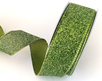 Wired Green Glitter Ribbon, Moss Green Ribbon, Moss Green Glitter Ribbon for Bows 1.5" x 10 YARD ROLL