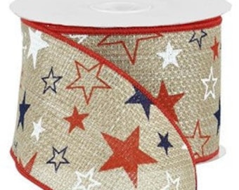 Wired Patriotic Ribbon, 4th of July Ribbon for Wreaths and Bows, Wired Star Ribbon, 2.5" x 10 YARD ROLL