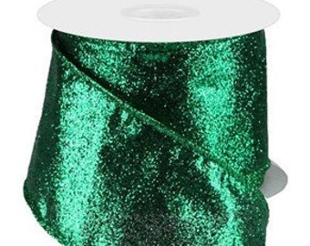 Wired Green Glitter Ribbon, Emerald Glitter Ribbon, Green Glitter Ribbon for Wreaths and Bows, Christmas Ribbon 2.5" x 10 YARD ROLL