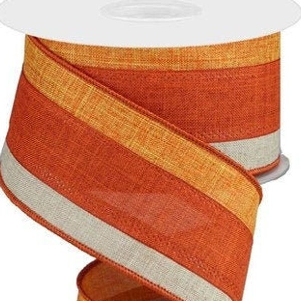 Wired Orange Natural Stripe Ribbon, Orange Stripe Ribbon, Fall Ribbon for Wreaths and Bows 2.5" x 10 YARD ROLL