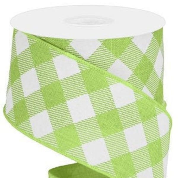 Wired Lime Green Ribbon, Lime Green Check Ribbon, Green Ribbon for Wreaths and Bows 2.5" x 10 YARD ROLL