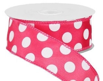 Wired Pink Polka Dot Ribbon, Hot Pink Wired Ribbon for Wreaths and Bows 1.5" x 10 YARD ROLL