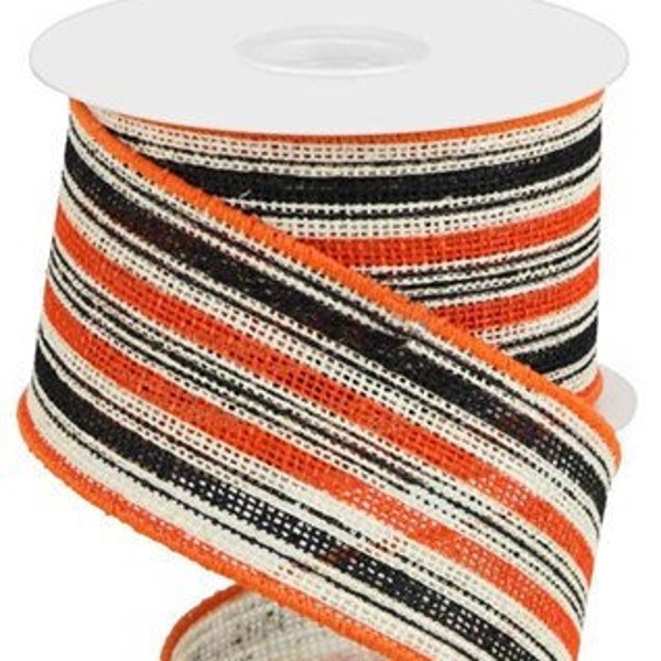 Wired Orange Black Stripe Ribbon, Black Orange Ribbon for Wreaths, Halloween Ribbon, Fall Ribbon, 2.5" x 10 YARD ROLL